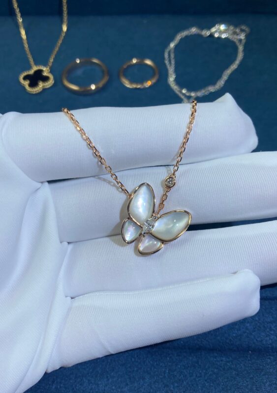 White Shell Marquise Butterfly Necklace, Rose Gold