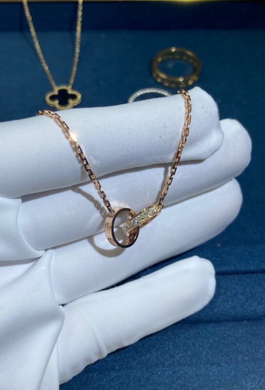 Double Ring Necklace with Diamonds, Rose Gold