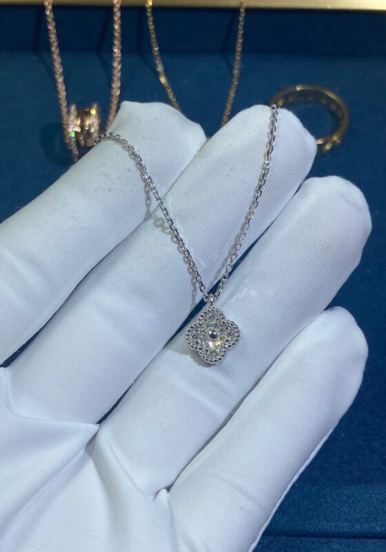 Petite Clover Necklace with Diamonds, White Gold