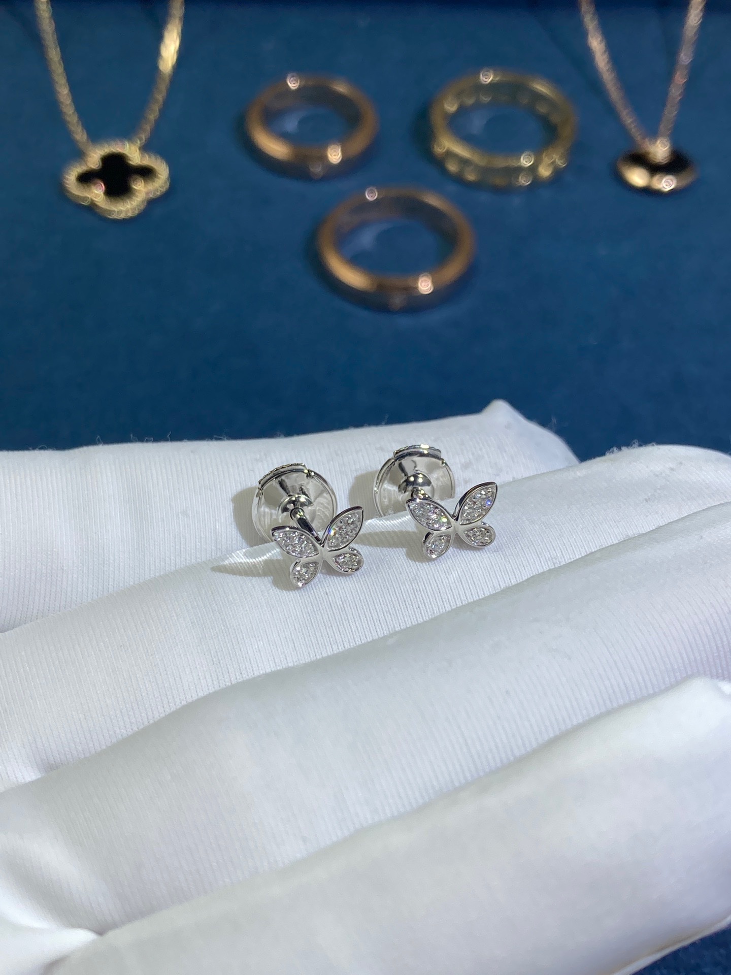 img_1177 Pale Diamond Butterfly Stud Earrings, White Gold - Image 1