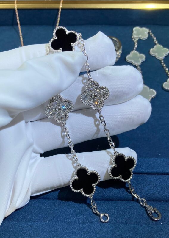 Five-Flower Black Onyx Diamond Clover Bracelet, White Gold
