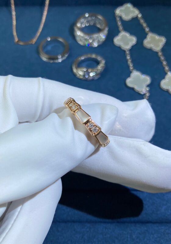 Diamond Snake Ring Between White Shells, Rose Gold