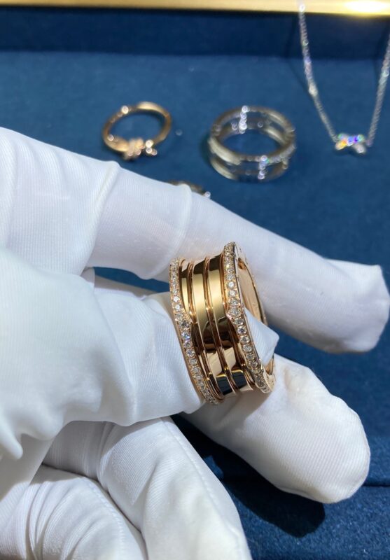 Triple Band Spring Ring with Diamonds, Rose Gold