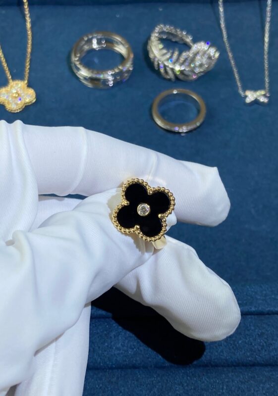 Black Onyx One Diamond Clover Ring, Yellow Gold