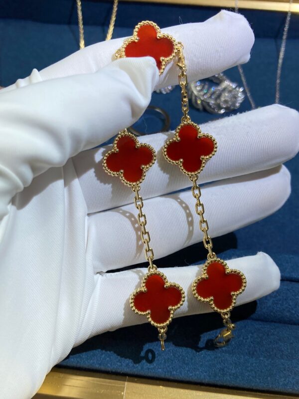 Five-Floral Carnelian Four-Leaf Clover Bracelet, Yellow Gold