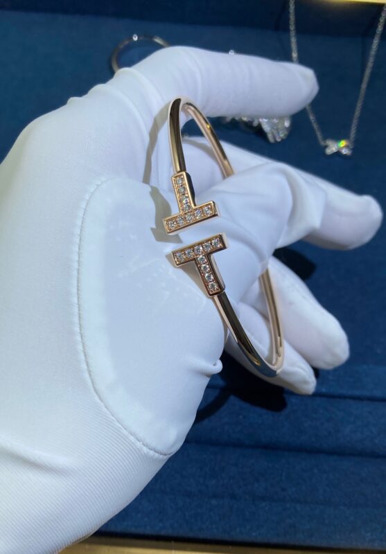 Double T Strap Bracelet with Diamonds, Rose Gold