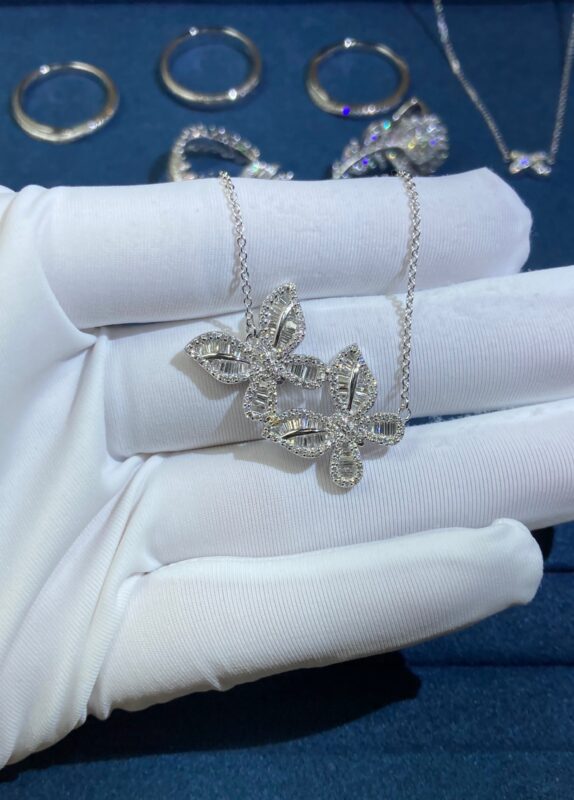 Double Butterfly Necklace with Diamonds, White Gold