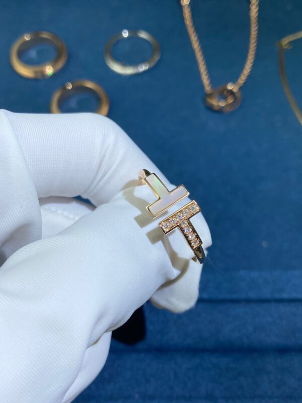 Double T White Shell Diamond Ring, Rose Gold