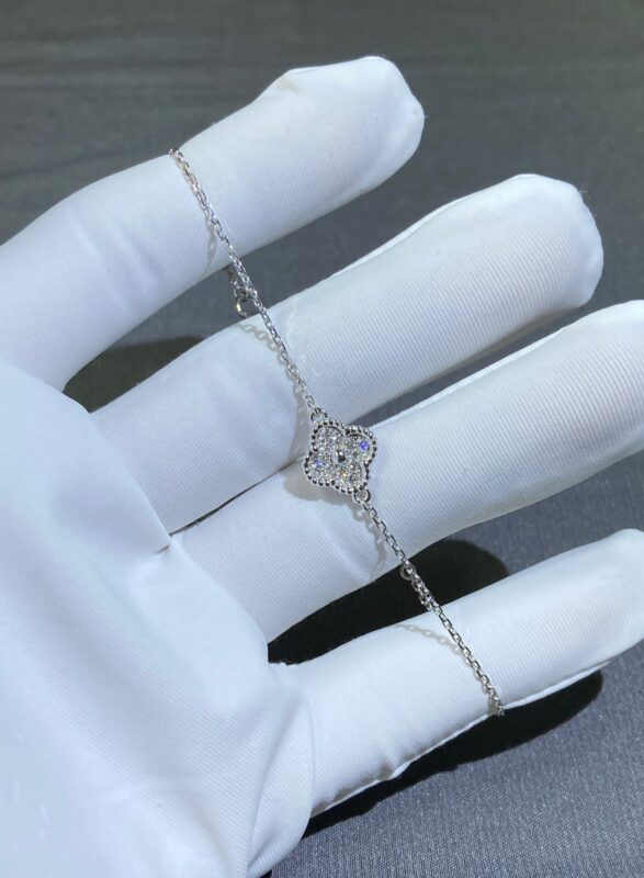 Small Four-leaf Clover Bracelet with Diamonds, White Gold