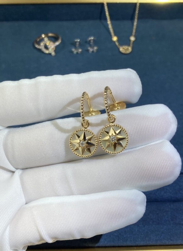 White Shell Compass Stud Earrings, Yellow Gold
