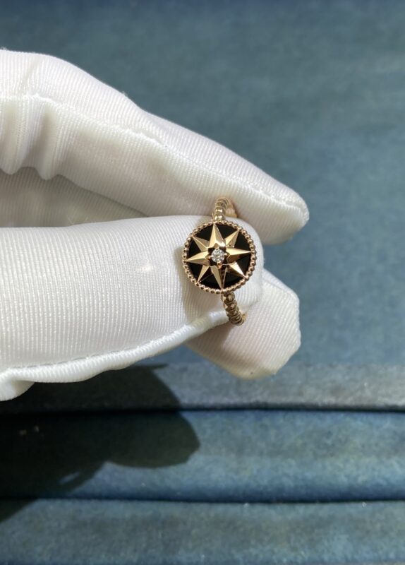 Black onyx compass ring, rose gold