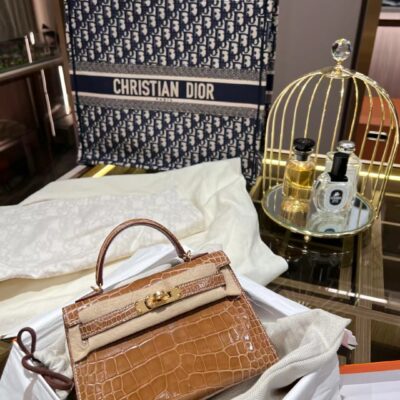 Mini Kelly Croco leather tabac camel