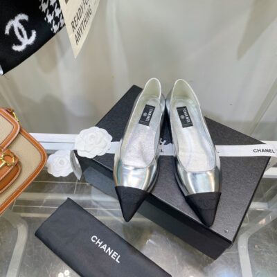 Chanel Silver Pointed Toe Flat Shoes