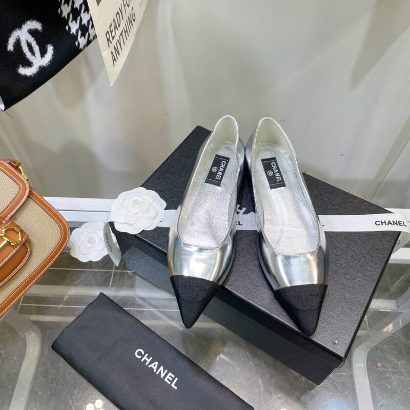 Chanel Silver Pointed Toe Flat Shoes