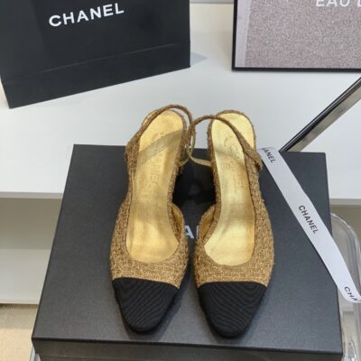 Chanel Gold Tweed Slingback Shoes