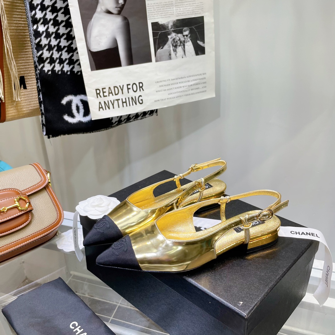 Chanel Gold Pointed Toe Slingback Shoes - Image 6