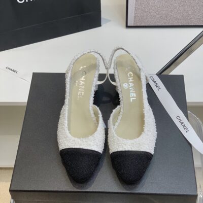 Chanel White Tweed Slingback Shoes