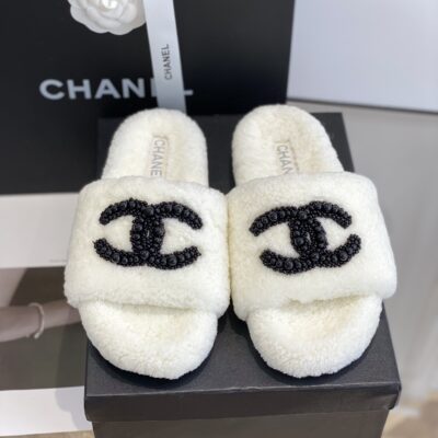 Chanel White Wool Slippers