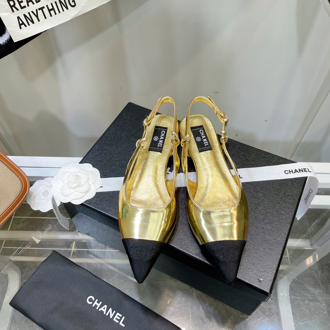Chanel Gold Pointed Toe Slingback Shoes
