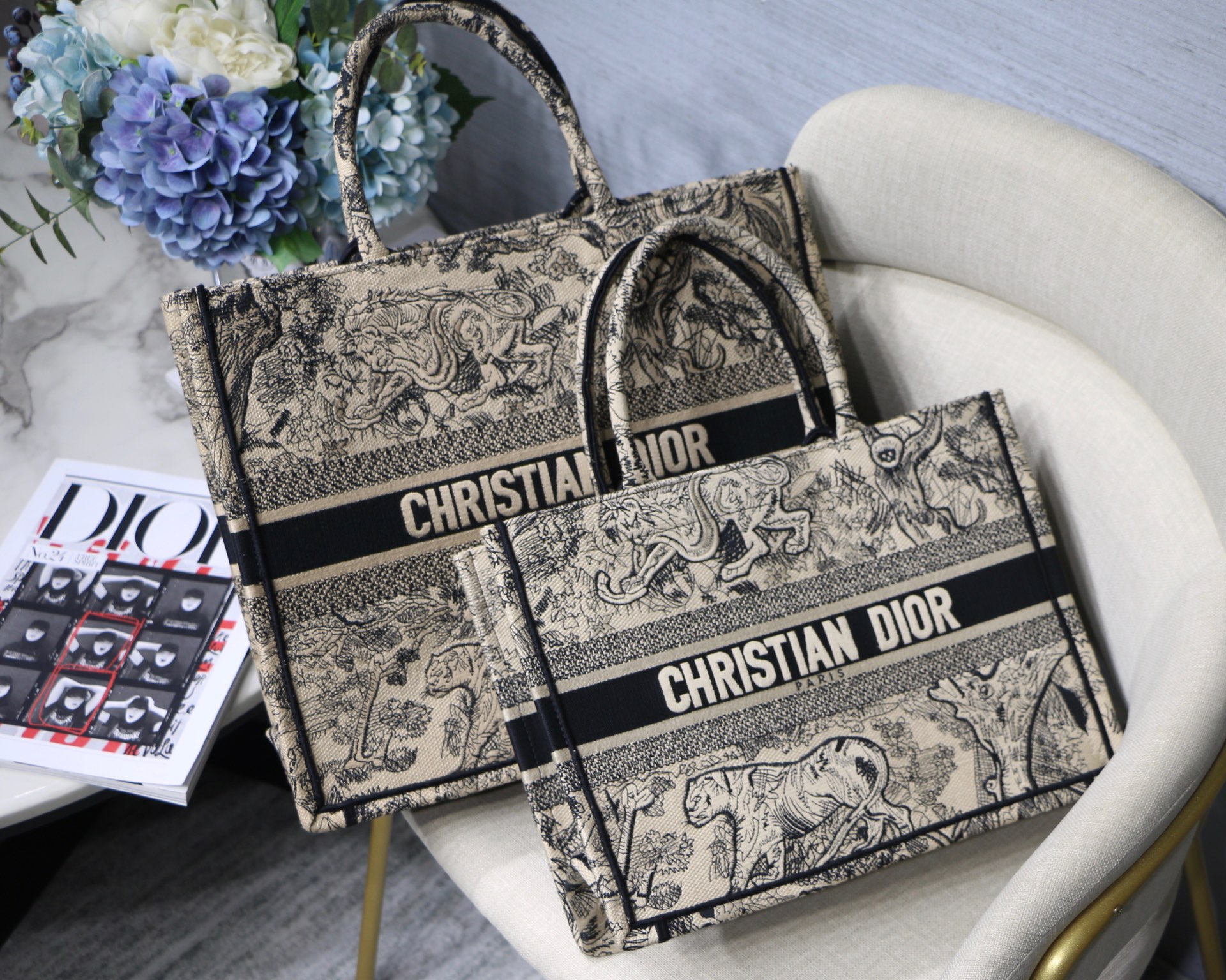 Dior Large Book Tote Bag in Black&White Tiger Embroidery - Image 11