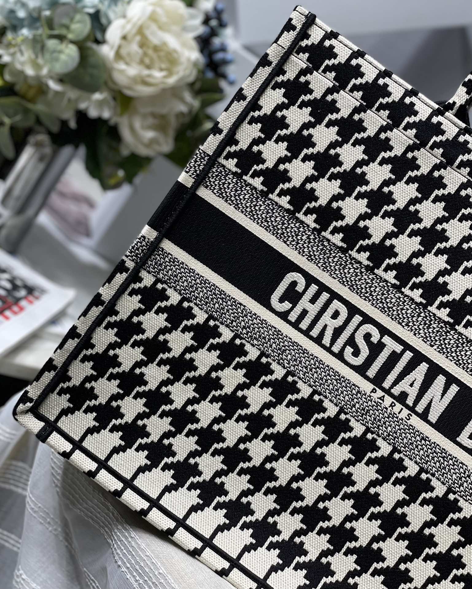 Dior Large Book Tote Bag in Black&White Houndstooth - Image 10