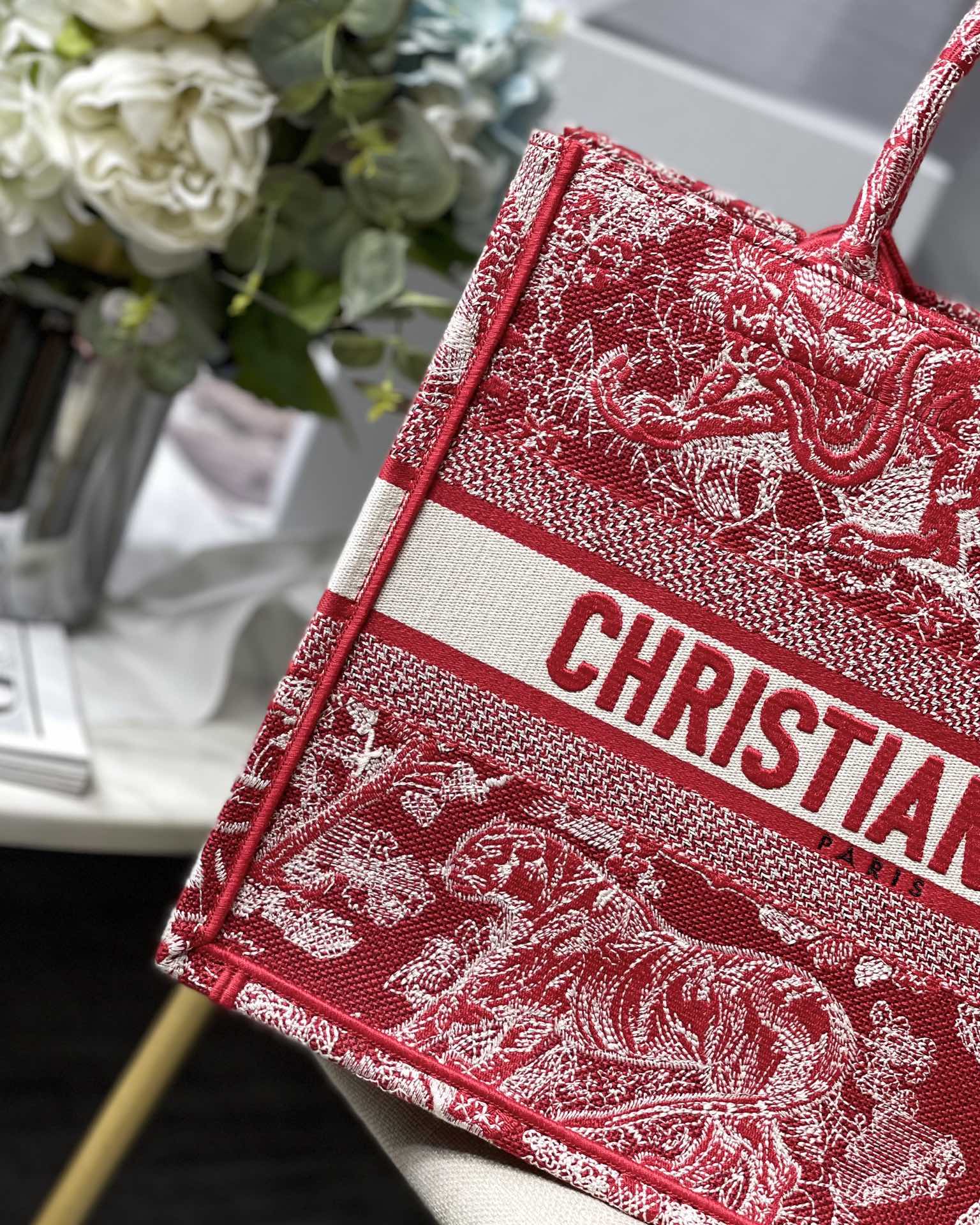 Dior Small Book Tote Bag in Red Tiger Embroidery - Image 5