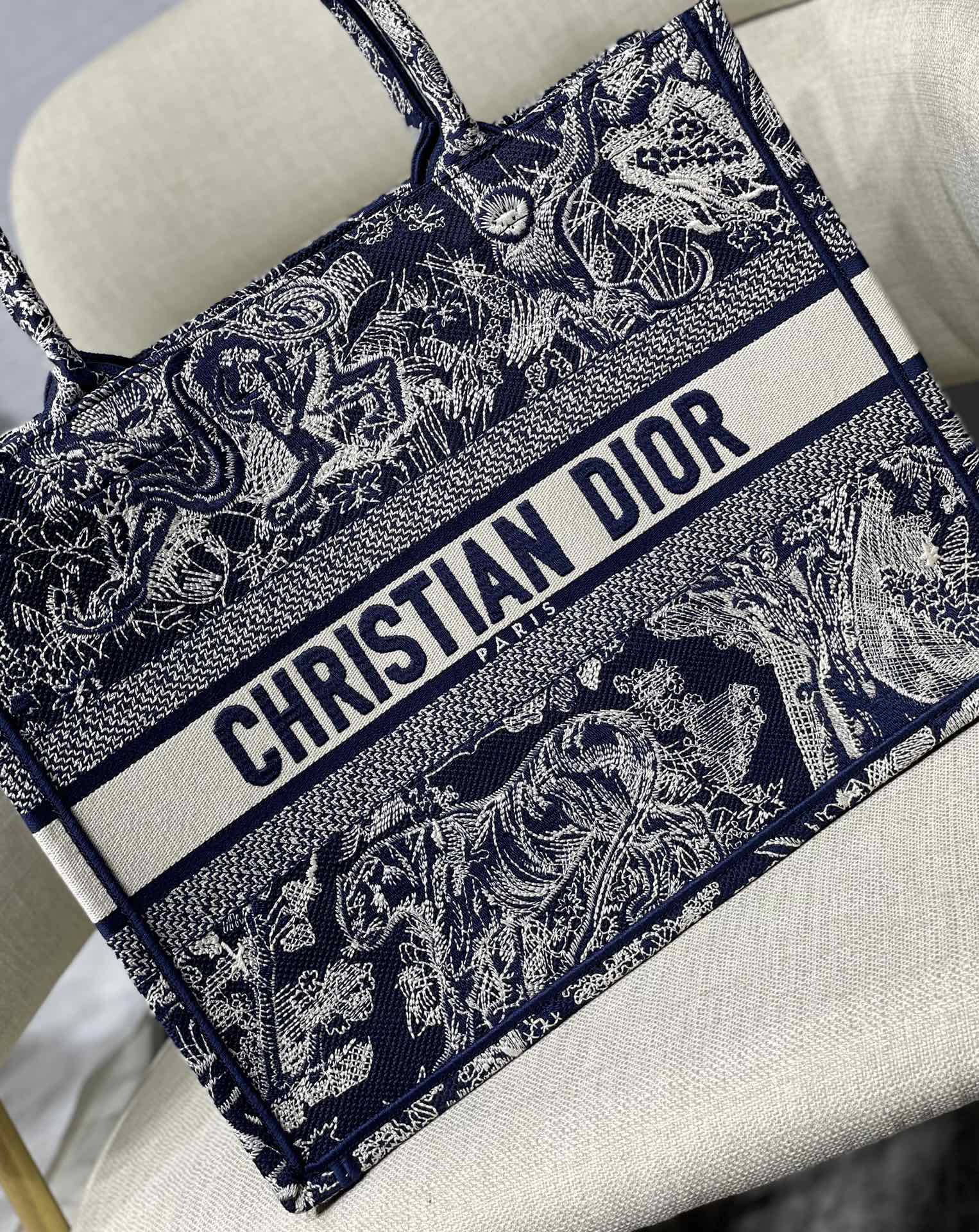 Dior Small Book Tote Bag in Dark Blue Tiger Embroidery - Image 7