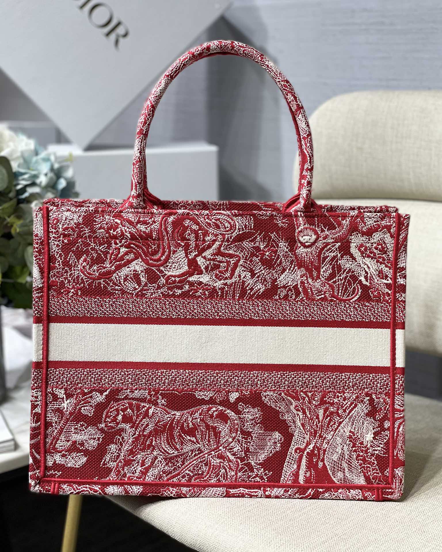 Dior Small Book Tote Bag in Red Tiger Embroidery - Image 3