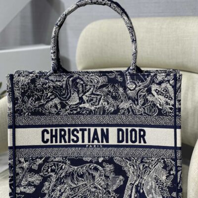 Dior Small Book Tote Bag in Dark Blue Tiger Embroidery