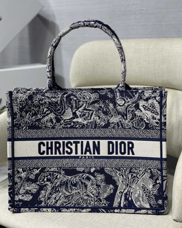 Dior Small Book Tote Bag in Dark Blue Tiger Embroidery