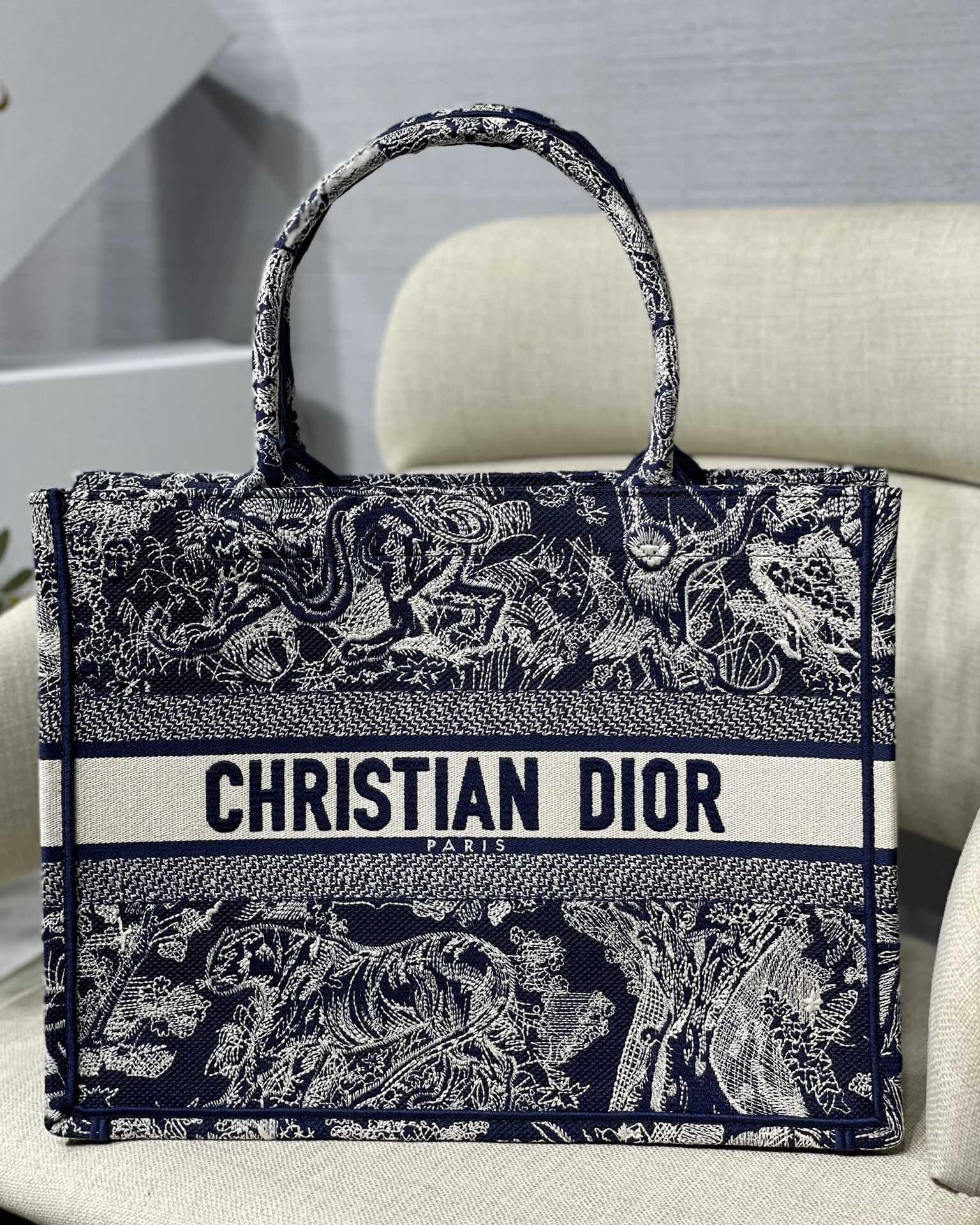 Dior Small Book Tote Bag in Dark Blue Tiger Embroidery