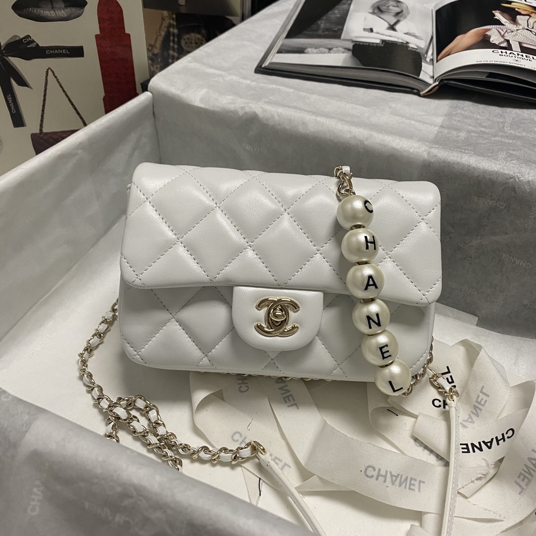 Chanel Pearl Chain Mini Flap Bag in White