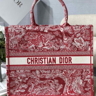 Dior Large Book Tote Bag in Red Tiger Embroidery