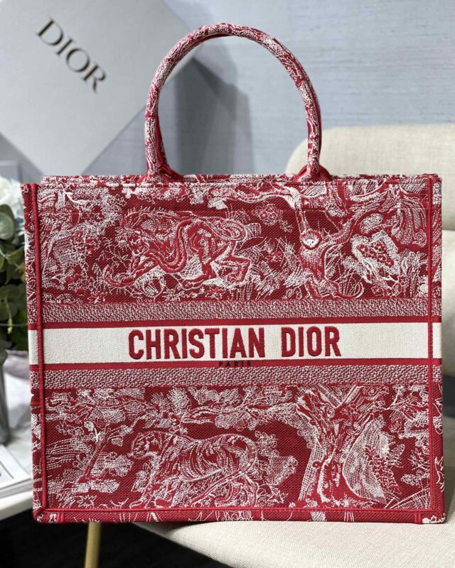 Dior Large Book Tote Bag in Red Tiger Embroidery