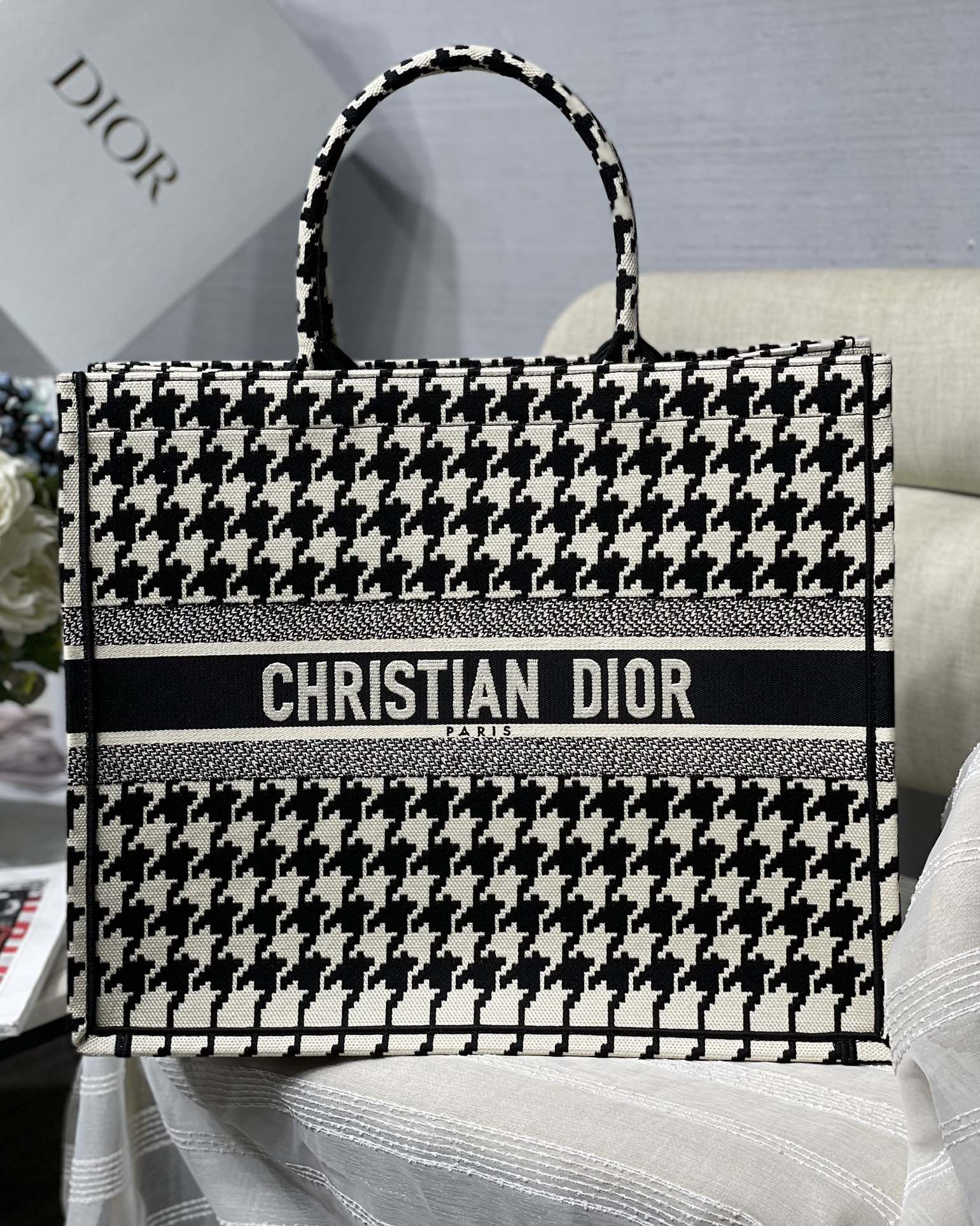 Dior Large Book Tote Bag in Black&White Houndstooth