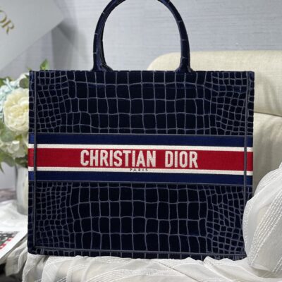 Dior Large Tote Bag in Velvet Blue Crocodile Pattern
