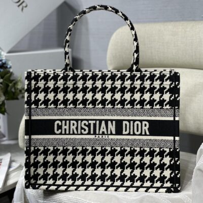 Dior Small Book Tote Bag in Black&White Houndstooth