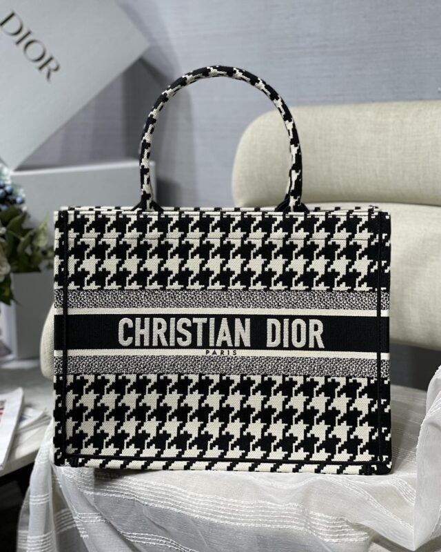 Dior Small Book Tote Bag in Black&White Houndstooth