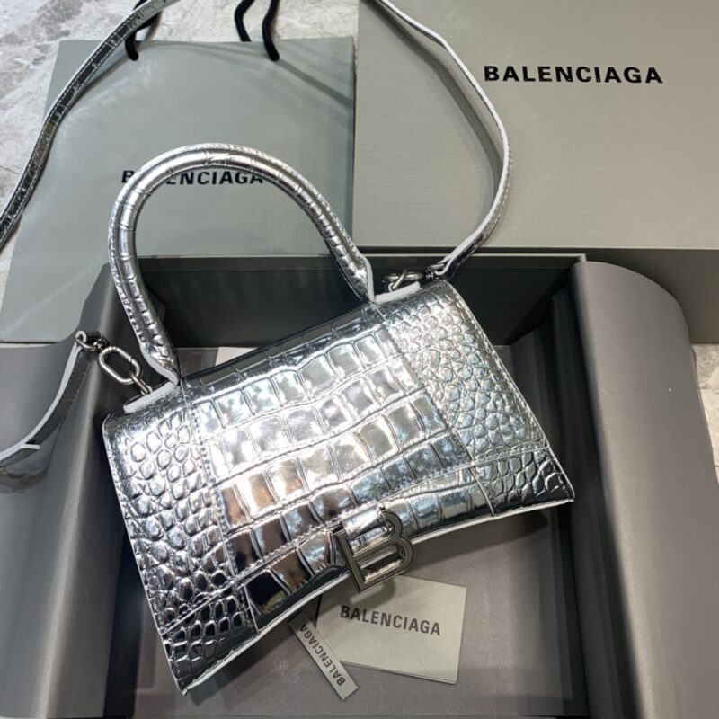 Balenciaga Small Hourglass Bag in Silver Crocodile Pattern