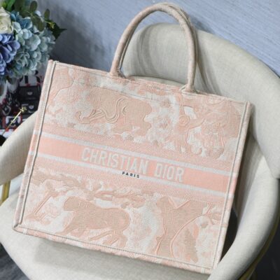 Dior Large Book Tote Bag in Pink Tiger Embroidery