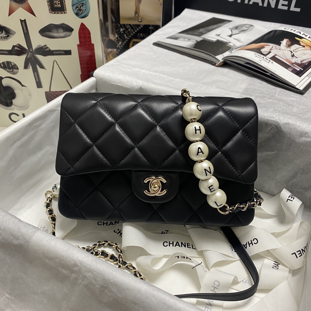 Chanel Pearl Chain Small Flap Bag in Black - Image 3