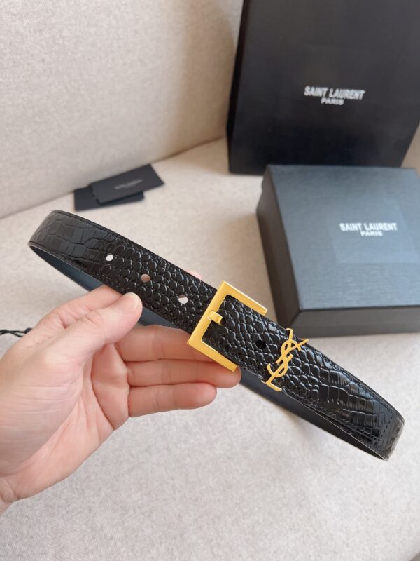 YSL Cassandre Thin Belt with Square Buckle in Crocodile Pattern Leather