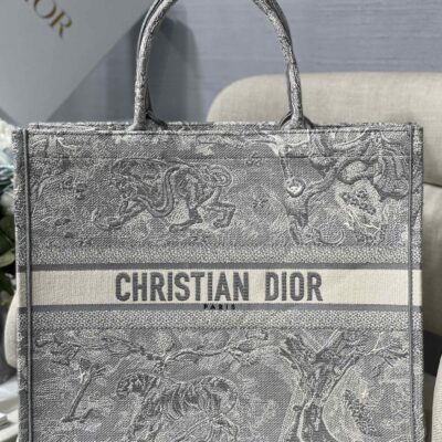 Dior Large Book Tote Bag in Grey Tiger Embroidery