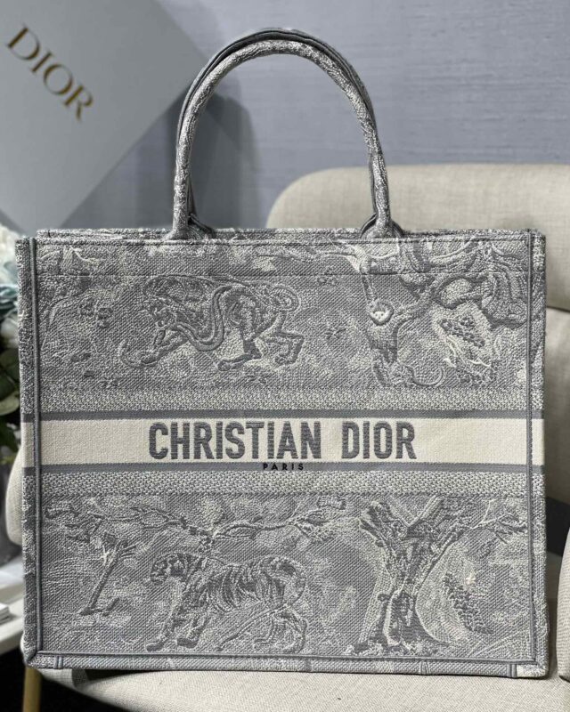 Dior Large Book Tote Bag in Grey Tiger Embroidery
