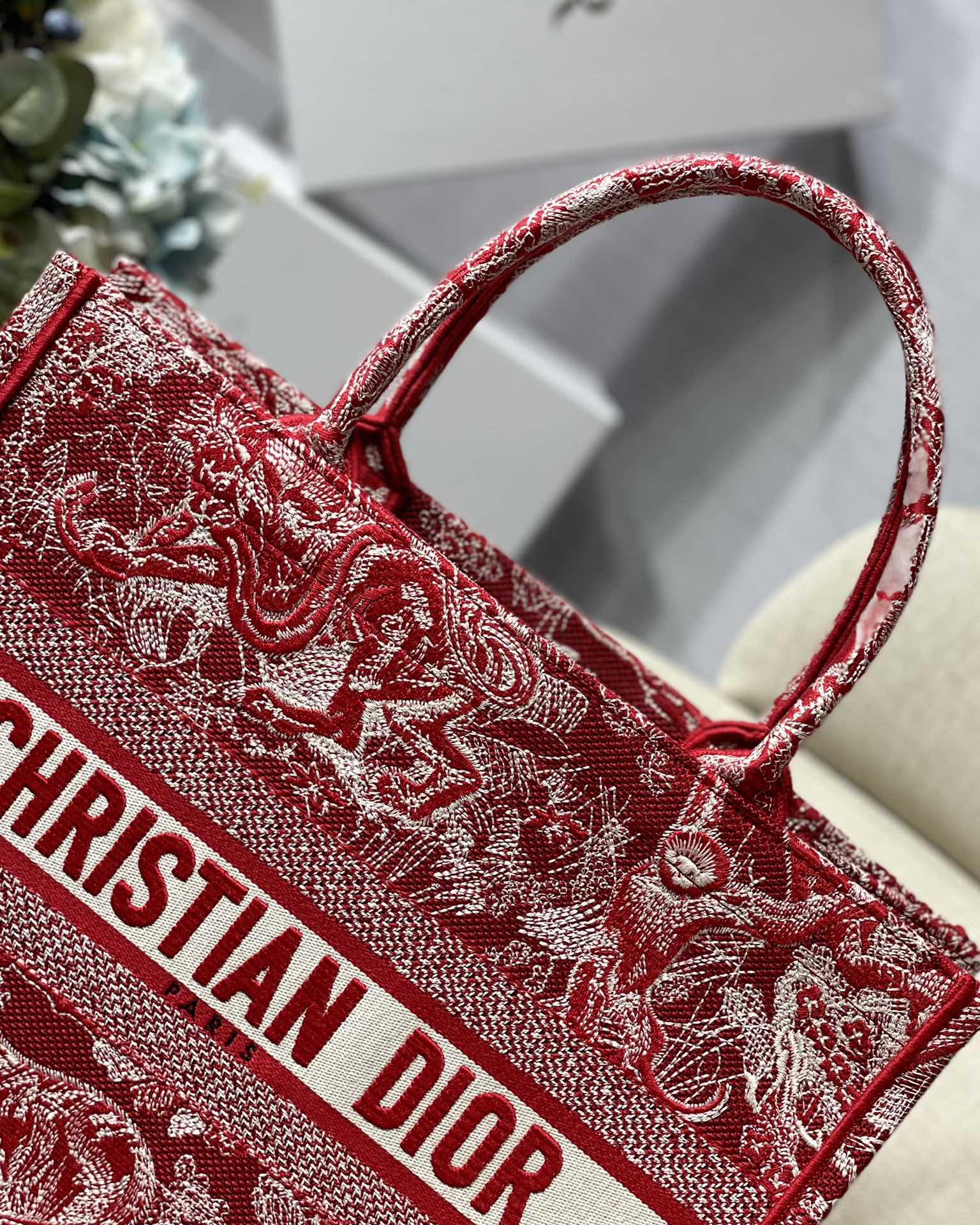 Dior Small Book Tote Bag in Red Tiger Embroidery - Image 8