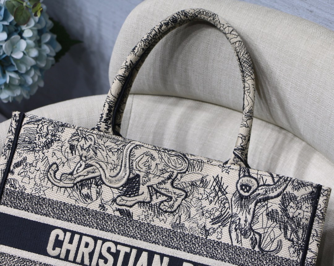 Dior Small Book Tote Bag in Black&White Tiger Embroidery - Image 5