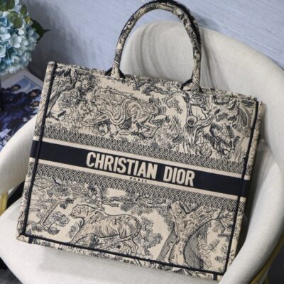Dior Large Book Tote Bag in Black&White Tiger Embroidery