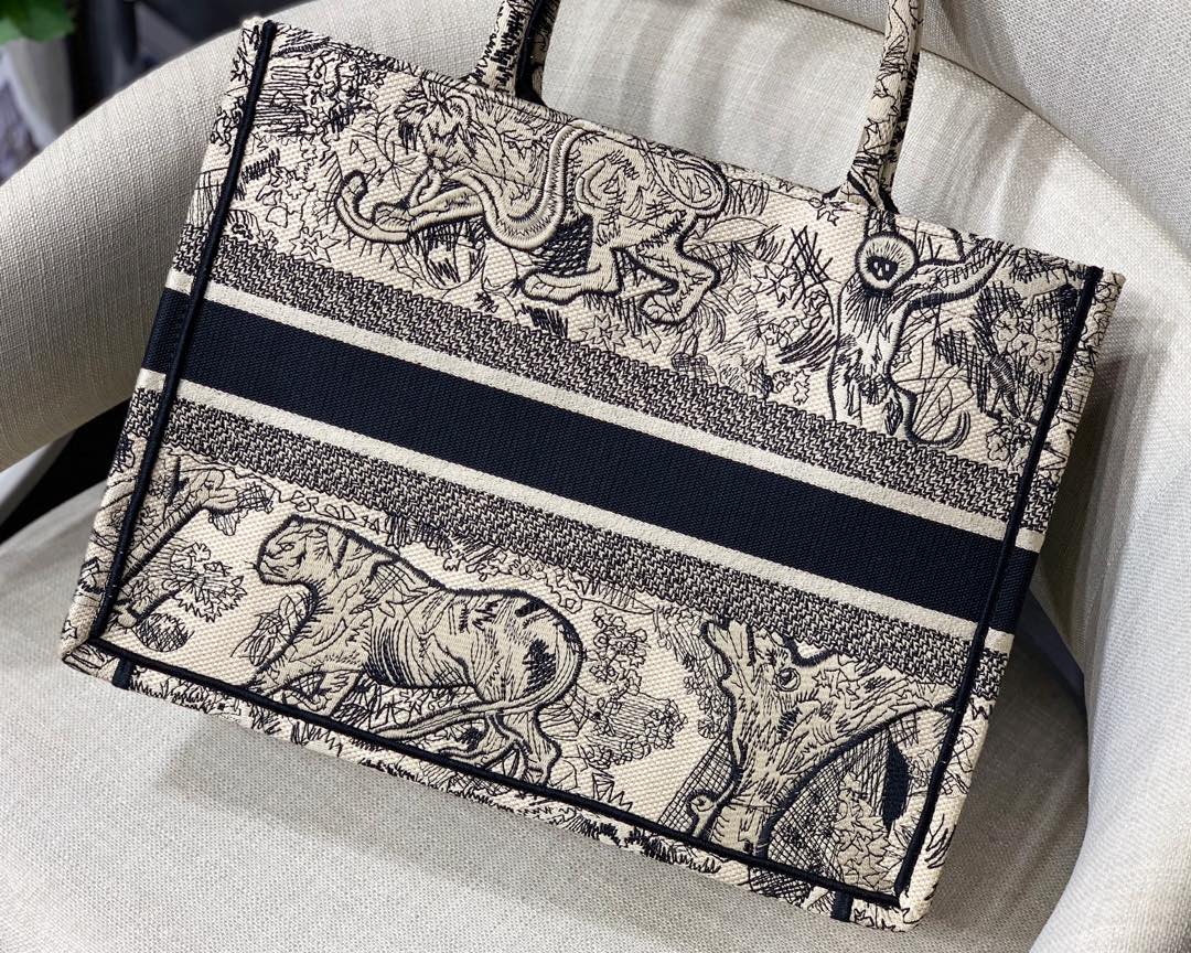 Dior Small Book Tote Bag in Black&White Tiger Embroidery - Image 8