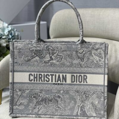 Dior Small Book Tote Bag in Grey Tiger Embroidery