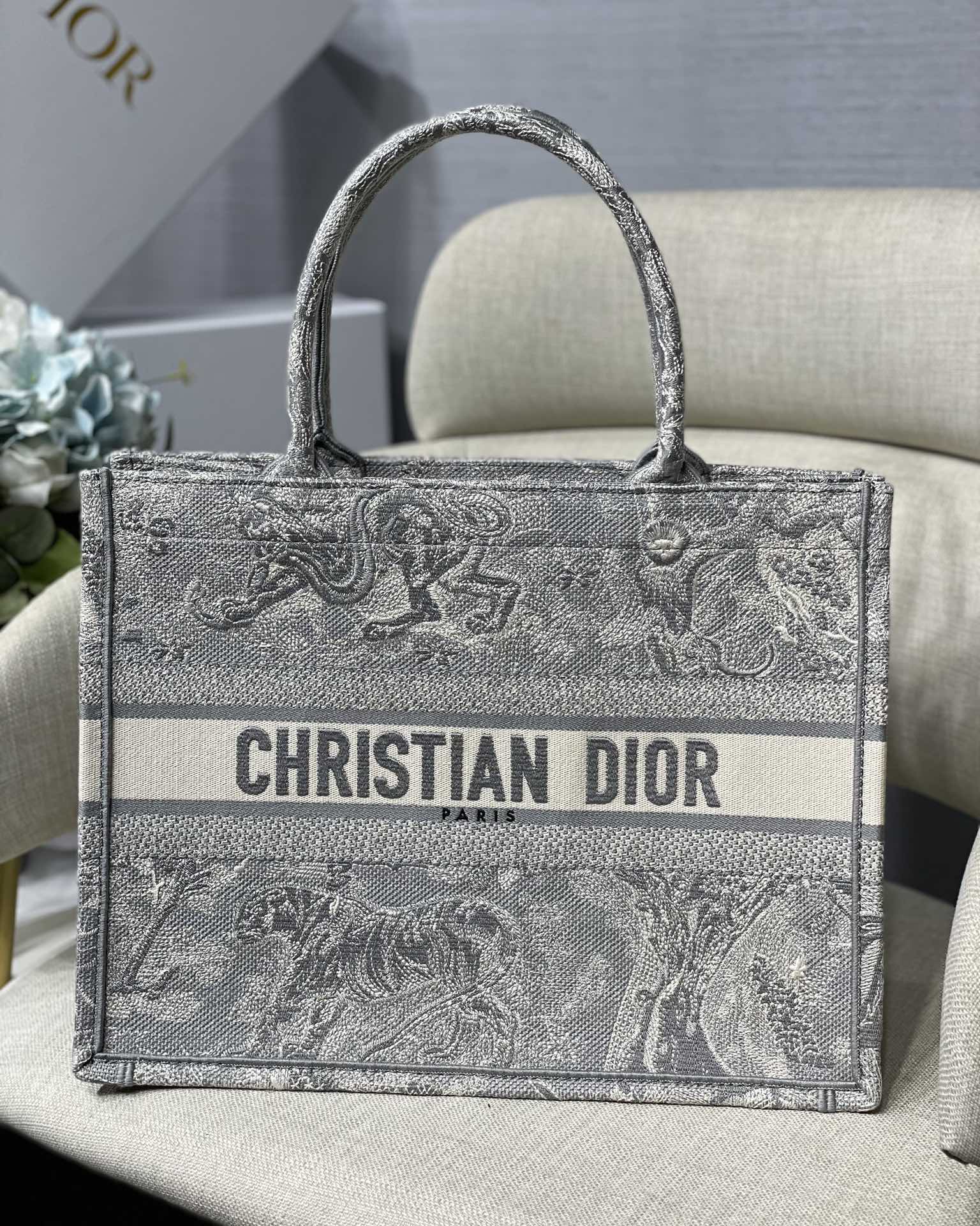Dior Small Book Tote Bag in Grey Tiger Embroidery